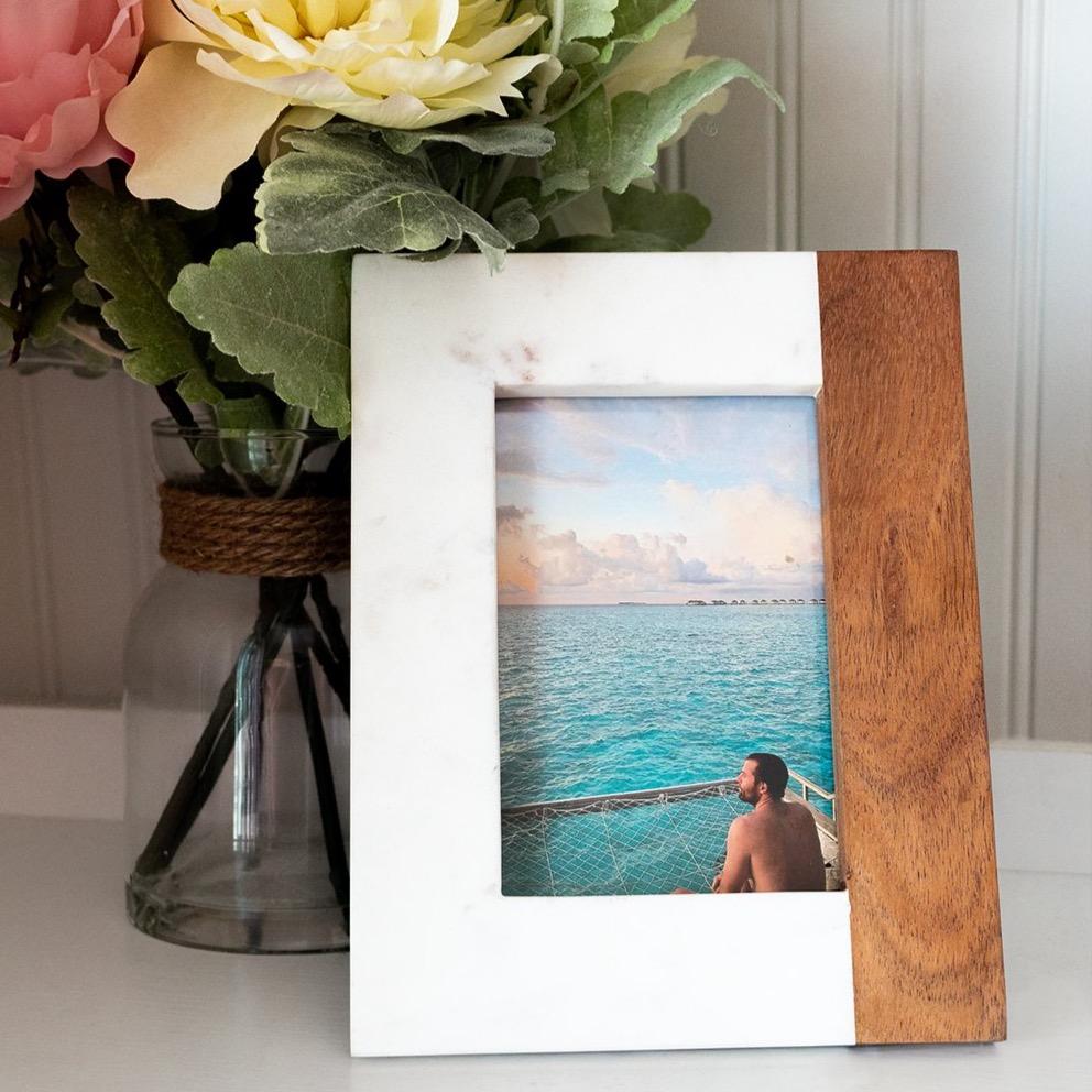 Wood + White Marble Picture Frame